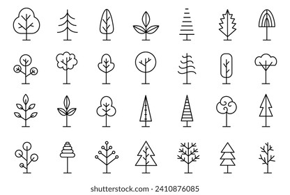 Juego de iconos de la línea de árbol. Colección de elementos de formas de diferentes árboles de diseño de logotipos