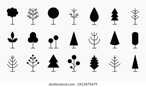 Tree Line Icon Set. Logo Design Vector Different Trees Shapes Elements Collection