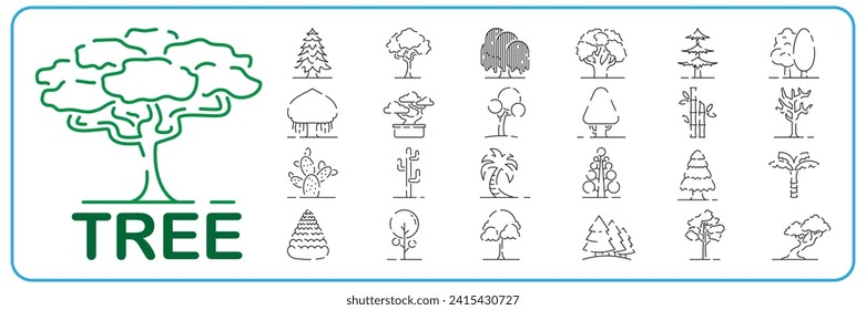 Tree line icon set. Naturally beautiful symbol, wooden trunk and outline branches for map. Tree vector outline art illustration isolated on white background