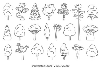 Tree line icon set. Spruce maple baobab palm sequoia. Coloring book eco plants side view. Dracaena willow cypress thuja pine oak poplar birch. Cartoon forest aspen alder ash linden acacia chestnut