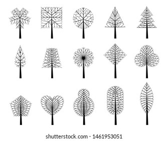 Tree line icon set. Trees vector outline art illustration isolated on white background.