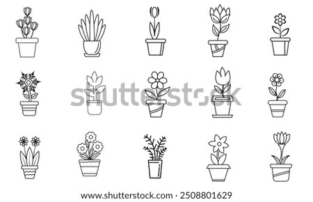 Tree line icons and plant in pot vector illustration