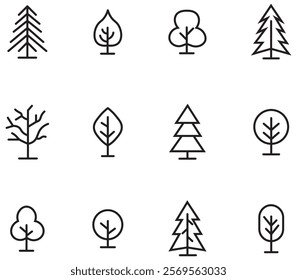 Tree line icons set. Simple set of plants line Icons. Contains such Icons as Wood, Plant, Pine, Cactus, Bamboo and more. Illustrations of diverse tree species with branch and leaf formations.