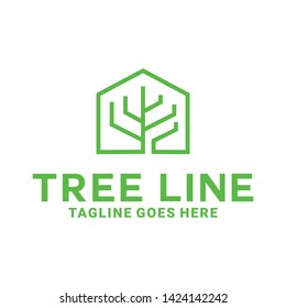 Tree Line Logo Design With Flat Style. Geometric Logotype. Bio And Organic Emblem For Company. Line Icon For Business. Creative And Modern Plant Graphic Idea.