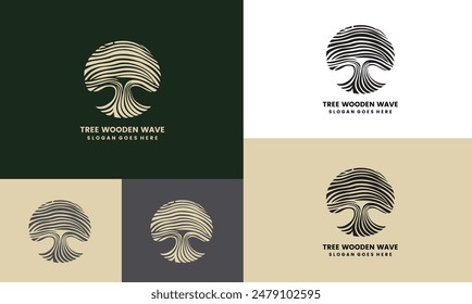 Logo de la línea del árbol. Patrones de anillos de crecimiento de árboles. Patrón de línea de onda de madera logotipo de arte para el diseño de negocios, cosmetología, agricultura, ecología, spa, concepto de diseño de logotipo de salud, Ilustración vectorial en EPS10.