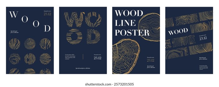 Tree line posters. Wooden trunk rings with annual growth lines, round tree slices with wood grain texture. Vector forest elements for banner design.