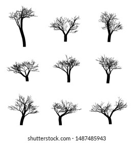 Tree line vector icons set. Concept of Halloween party. Black element in Flat style. Autumn or Fall illustration template. Symbol of forest or Sign of park. Isolated logo pattern design. 