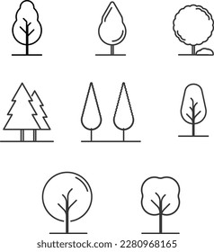 Símbolo de árbol de vectores de paisajismo lineal de árbol de iconos negros