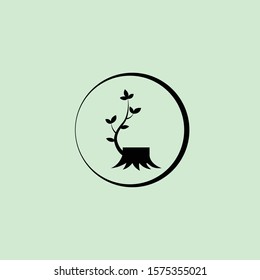 Tree log with a branch and leafs. Regrowth tree log in circle. Nature circle flat vector icon black