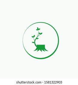 Tree log with a branch and leafs. Regrowth tree log in circle. Nature circle flat vector icon green