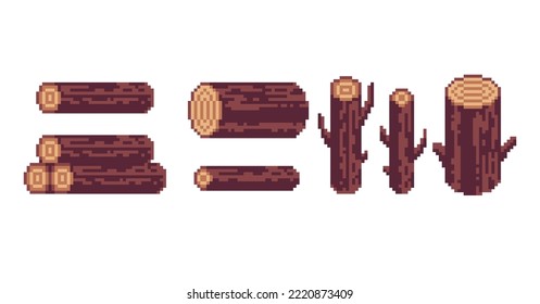 Tree log pixel art set. Timber pile collection. Raw stacked wood. 8 bit sprite. Game development, mobile app.  Isolated vector illustration.