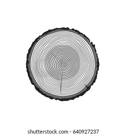 Tree log rings vector icon, tree wooden cross section black texture isolated, wood timber cut on white background