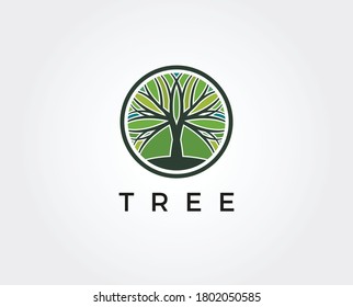 Tree Logo abstract design vector template Negative space style. Eco Green Organic Oak Plant Logotype concept icon.