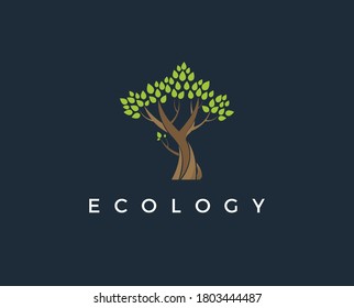 Tree Logo abstract design vector template Negative space style. Eco Green Organic Oak Plant Logotype concept icon.
