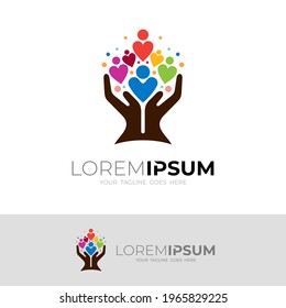 Tree logo with charity design template, hand and people icons