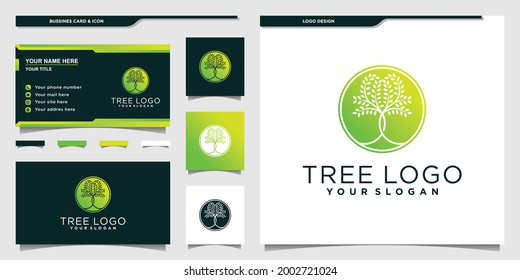 Tree logo with circle neagtive space concept and business card design Premium Vector