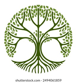 logo de árbol con forma de círculo sello de Vector hoja raíz árbol de la vida roble árbol banyan