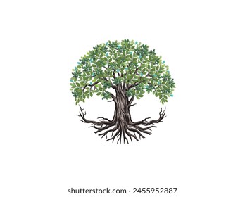 tree logo in circular shapes, ancient oak tree