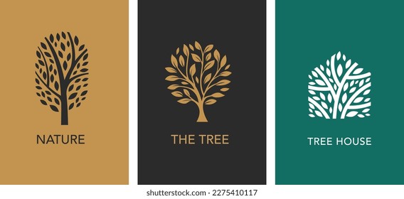 Tree logo collection. Luxury logo templates . Tree of life branch with leaves, green house, nature concept