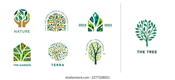 Tree logo collection. Luxury logo templates . Tree of life branch with leaves, green house, nature concept