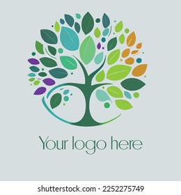 tree logo, Coloured logotype template concept. Abstract colorful label. Silhouette of roots, trunk and leaves