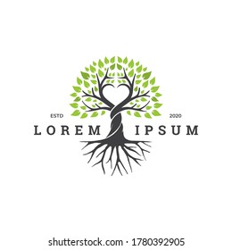 Tree logo concept with love element. Abstract, balance and life design template. Vector illustration 