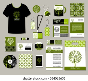 Tree logo, Corporate identity templates design, eco business set, decorative company style layouts, : card, phone, label, envelope, invitation, greeting card, poster, icon, mockup Business stationery