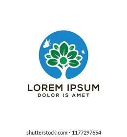 tree logo design, bonsai with butterfly vector illustration
