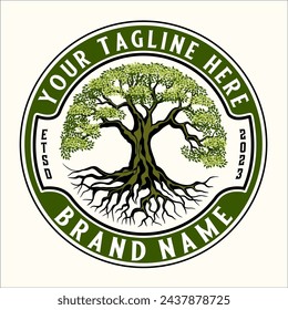 tree logo design. tree with green leaves,and trunk inside circle, vector modern antique style