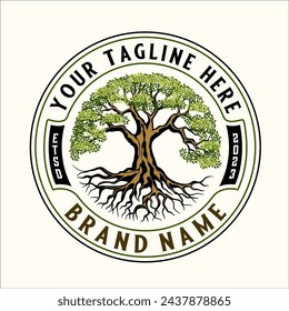 tree logo design. tree with green leaves,and trunk inside circle, vector modern antique style
