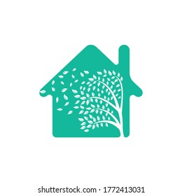 Tree logo design with leafs and home icon template elements company business. wind blowing through leafs. nature or environment issues or ecological concept