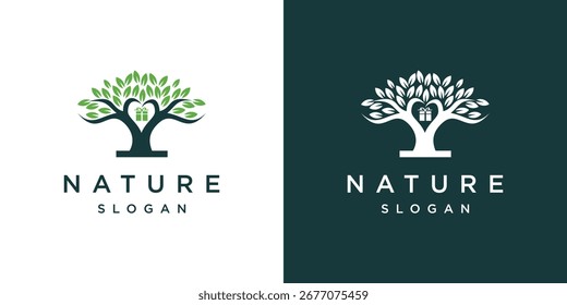 Diseño de logotipo de árbol con tallo en forma de amor y caja de regalo. Logotipo del árbol de crecimiento