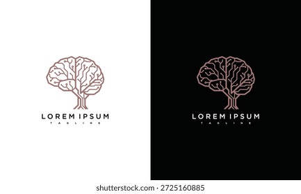 Design de logotipo de árvore com estilo minimalista em fundos brancos e pretos contrastantes