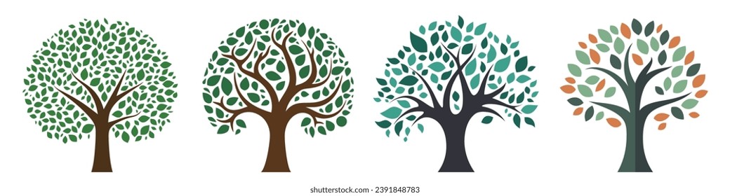 Tree logo design. Set of isolated tree icons. Cute tree symbol with leaves. Vector illustration.