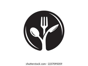 diseño de logotipo de árbol. cuchara, cuchillo, tenedor, combinación de placa. símbolo de icono para la dieta de alimentos en restaurantes de salud, etc.