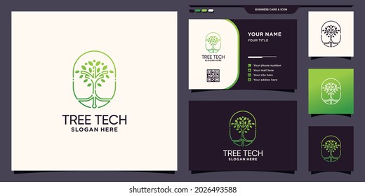 Tree logo design technology with unique line art style and business card design Premium Vector