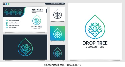 Baum-Logo mit Drop-Line-Stil und Visitenkartendesign-Vorlage, Natur, Tropfen, Farbverlauf-Premium-Vektorgrafik