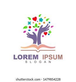 tree logo with education icon, vector illustration, logo concept for tree and book, hand and book logo design with education