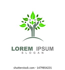 tree logo with education icon, vector illustration, logo concept for tree and book, hand and book logo design with education, green
