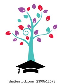 LOGO DE ÁRBOL CON ICONO DE EDUCACIÓN, ILUSTRACIÓN DE VECTORES, CONCEPTO DE LOGO PARA ÁRBOL Y LIBRO.