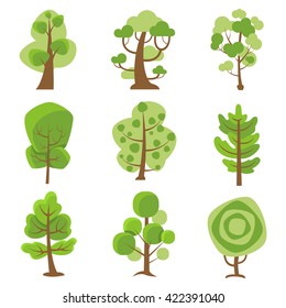 Tree logo flat cartoon decorative icons set on white background with deciduous and coniferous types trees isolated vector illustration