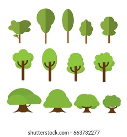 Tree logo flat cartoon decorative icons set on white background with deciduous and coniferous types trees isolated vector illustration