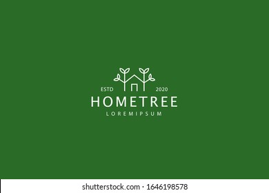 Tree logo forming a house, tree house vector line art illustration