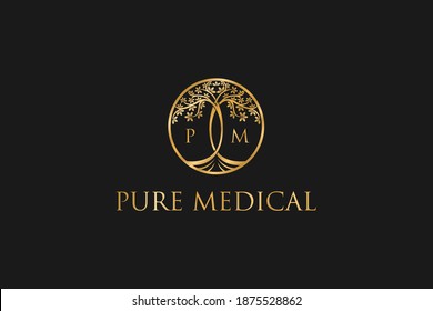 Tree logo gold luxury medical, beauty wellness yoga salon, yoga studio, nature tree eco, leaf logo.