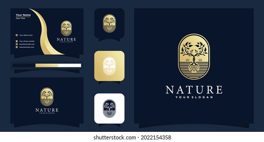 Logotipo de árbol con colores de gradiente dorado y tarjeta de visita Premium Vecto