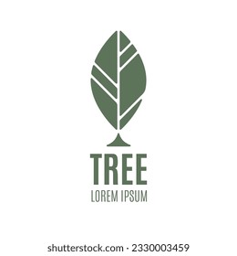 Tree logo graphic template with stylized leaves growing from the center isolated on white background. Tree logo with leaves, environment, nature, growth and evolution concept. Vector illustration
