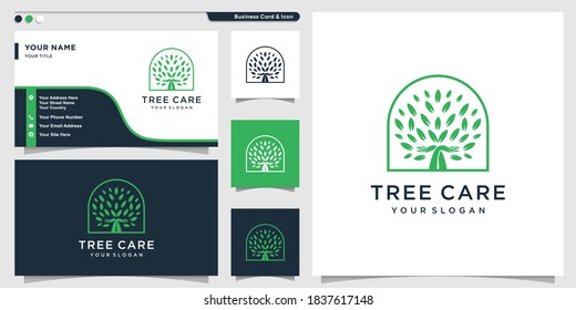 Tree logo with green care concept and business card design template, Premium Vector