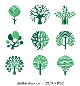 Tree logo. Green eco symbols nature wood tree stylized vector pictures