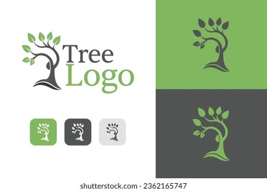 Logotipo del árbol, hoja verde y árbol verde y diseño de identidad de la marca, logotipo natural creativo