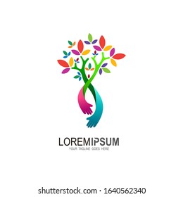 Tree logo and hand design combination, colorful logo